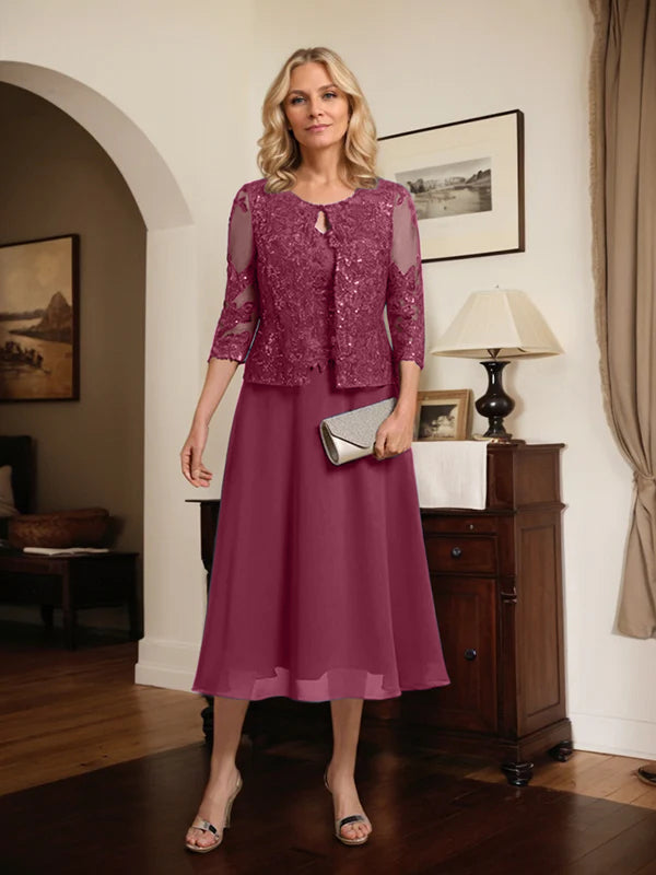 A-Linien Spitzen-Chiffon-Brautmutterkleid mit V-Ausschnitt, tea-length, mit Pailletten