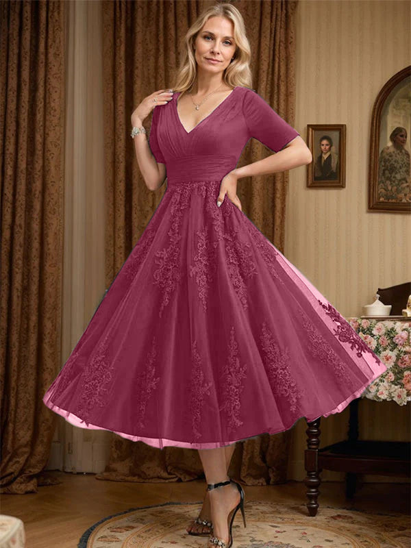 A-line V-Neck Tea-Length Tulle Lace Mother of the Bride Dress With Pleated