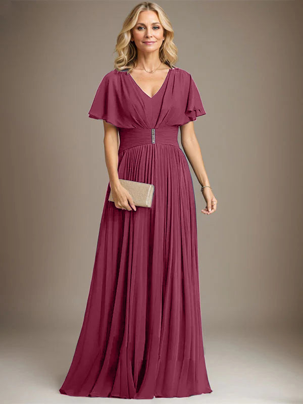 A-Linien V-Ausschnitt Bodenlanges Chiffon Brautmutterkleid mit Kristallbrosche und Plisseefalten