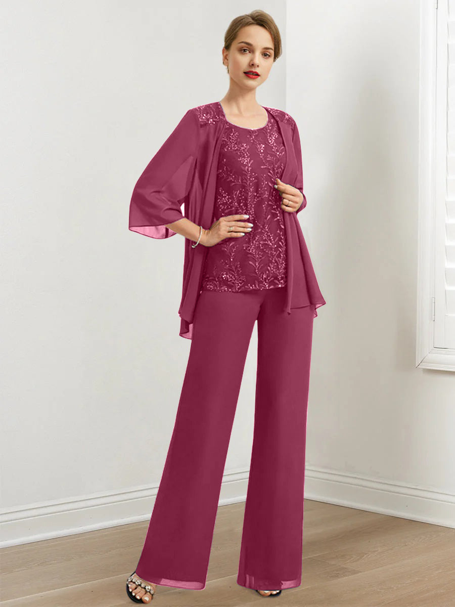 Chiffon Hosenanzüge für die Brautmutter mit Pailletten und Jacke