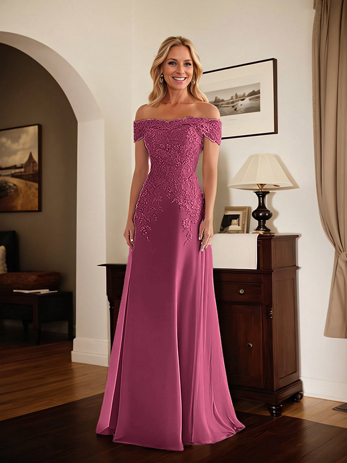 Elegantes taupefarbenes schulterfreies Etuikleid Mutter der Braut Kleid mit Spitze