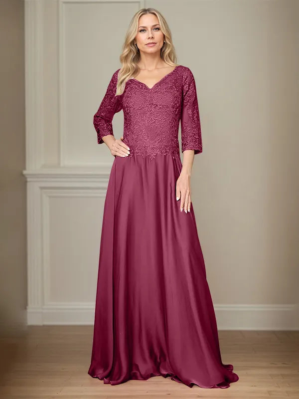 A Line Chiffon V Neck 3/4 Sleeves Floor-Length Mother Of The Bride Dress With Appliques