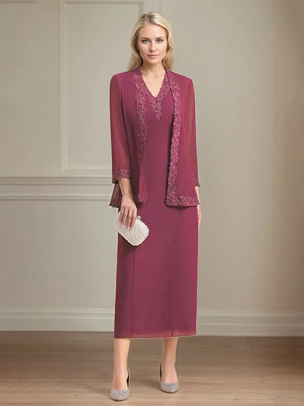 Etui/Column Chiffon V-Ausschnitt 3/4 Ärmel Tea-Length Kleid für die Mutter der Braut