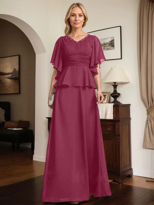 A-Linien Chiffon-Mutter-der-Braut-Kleid mit V-Ausschnitt, bodenlang, plissierte Perlenverzierung