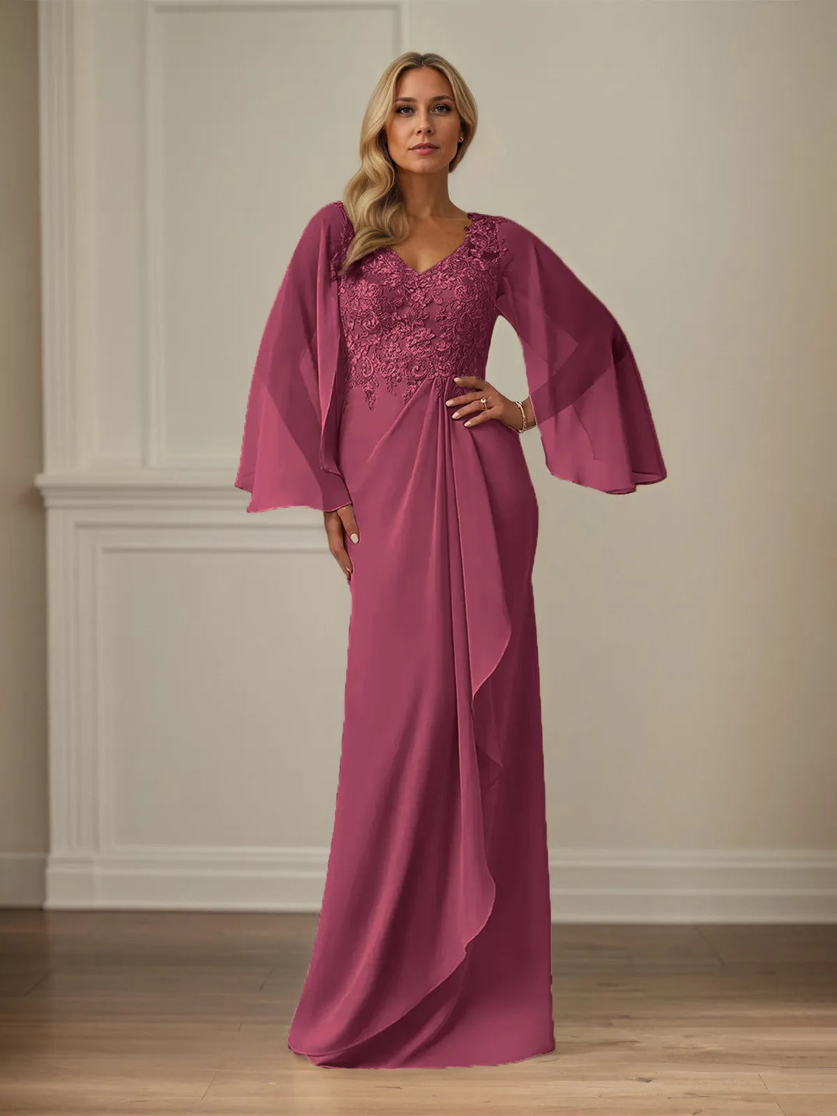 Etui/Kolumnen Chiffon V-Ausschnitt Langarm Bodenlanges Brautmutterkleid mit Applikationen