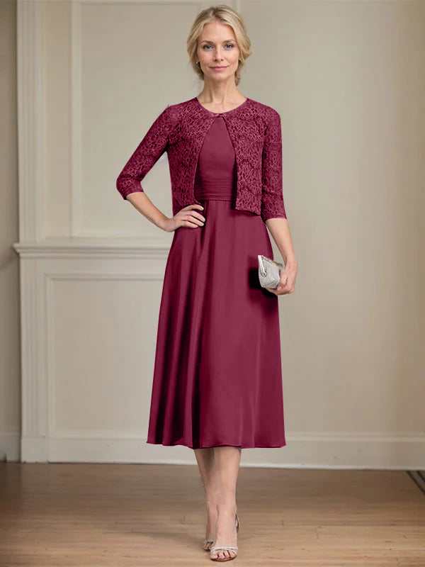 A-Linien Rundhals Tee-Länge Chiffon Kleid für die Mutter der Braut mit Falten