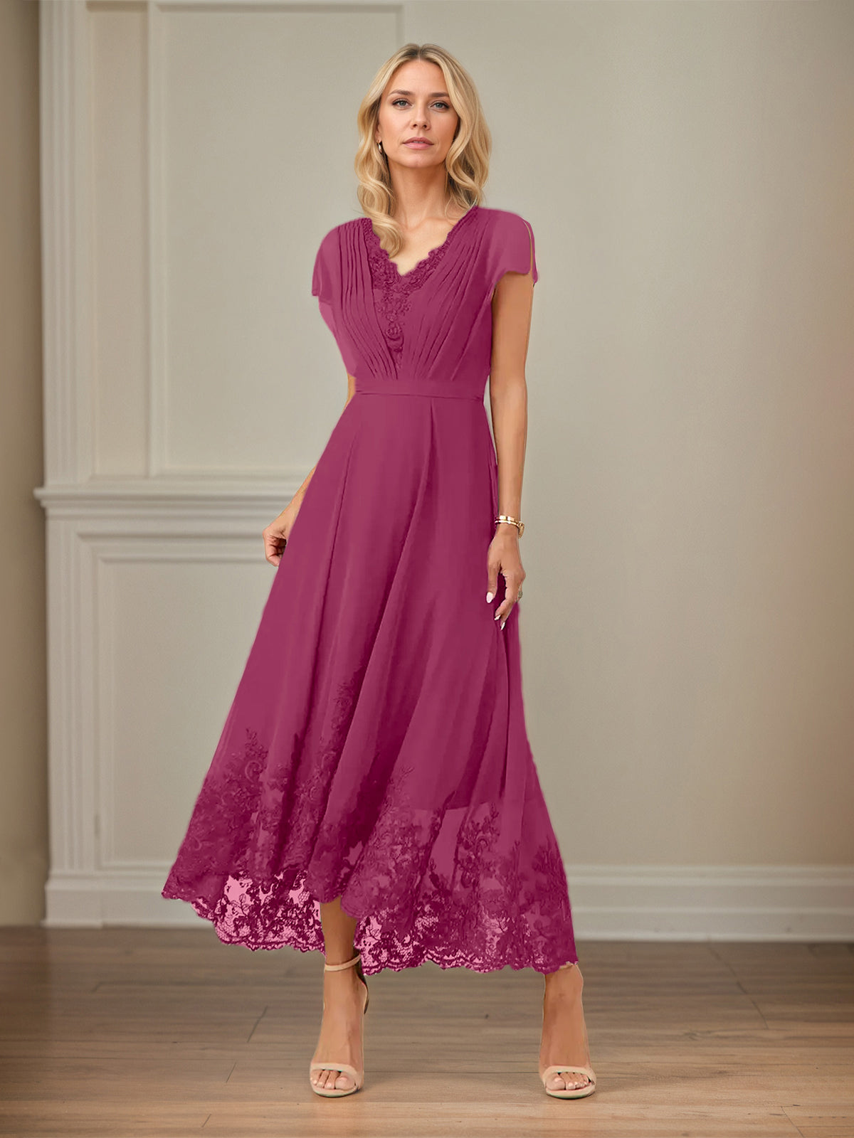 A-Linien Chiffon Kleid mit V-Ausschnitt, flatternden Ärmeln, knöchellang mit Applikationen