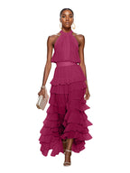 A Line Pink Chiffon Halter Neck Sleeveless Ankle Length Dress With Cascading Ruffles