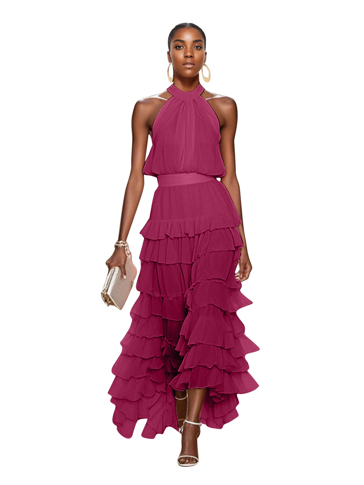 A Line Pink Chiffon Halter Neck Sleeveless Ankle Length Dress With Cascading Ruffles