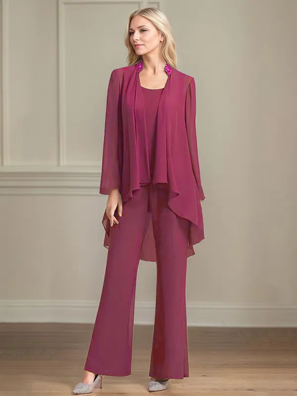 Chiffon Kleid mit Rundhalsausschnitt, langen Ärmeln, bodenlang, Hosenanzug für die Brautmutter