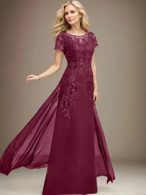 Etui/Säulen Rundhals Illusionsbodenlanges Spitzen-Chiffonkleid für die Brautmutter mit Pailletten