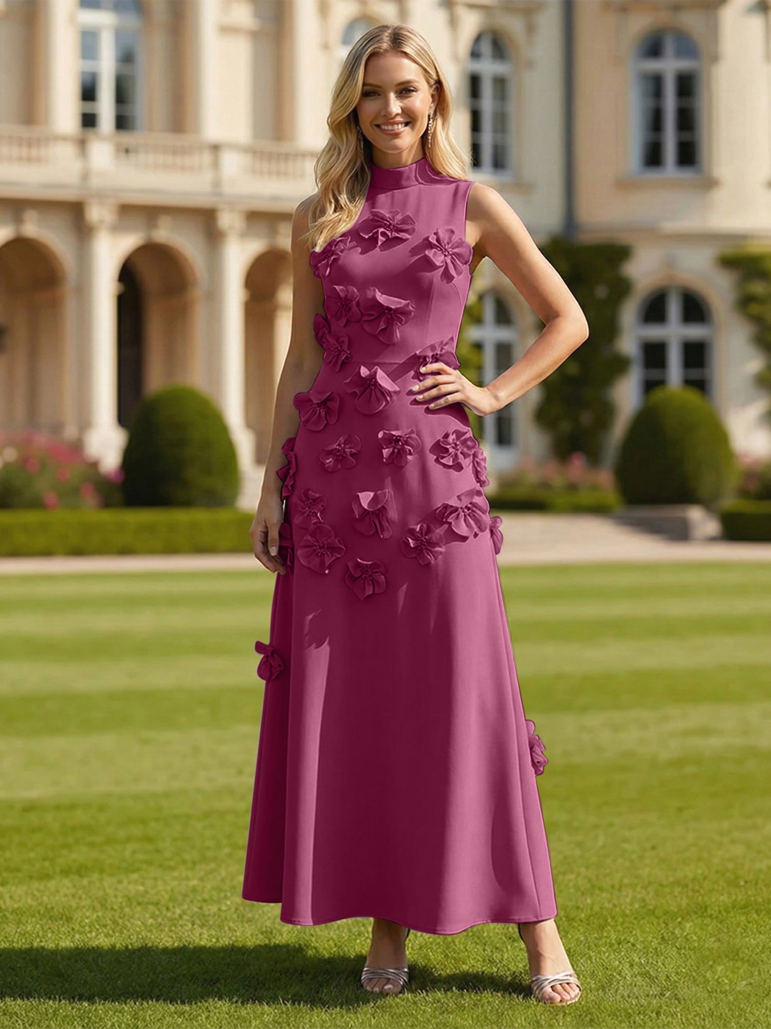 A Line High Neck Sleeveless Floor Length Stretch Crepe Dress With 3D Flowers