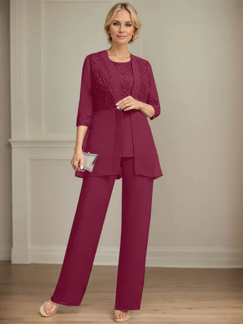 Combinaison/pantalon séparé en mousseline et dentelle, longueur au sol, col rond, robe mère de la mariée avec sequins