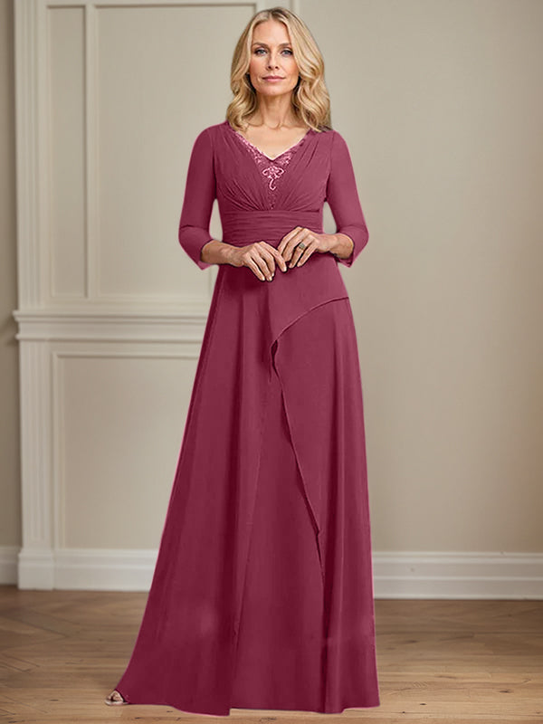 A-Linien Chiffon-Mutter-der-Braut-Kleid mit V-Ausschnitt, bodenlang, plissierte Perlenverzierung