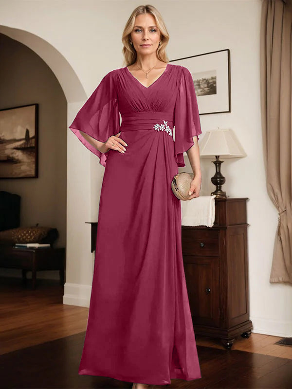 Etuikleid/Säule V-Ausschnitt bodenlanges Chiffon Mutter-der-Braut-Kleid mit plissierten Pailletten und Perlen