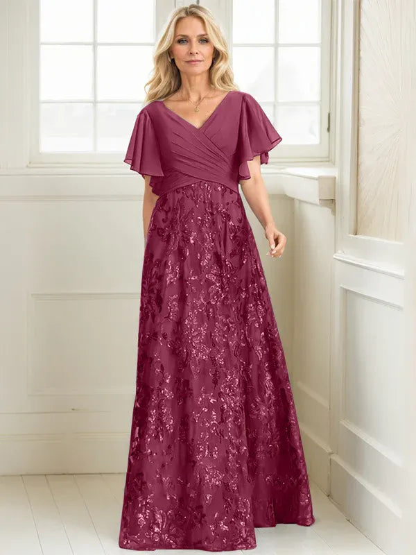 Vestido de madre de la novia en línea A con escote en V, largo hasta el suelo, encaje, lentejuelas y gasa plisada