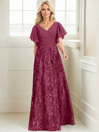 Vestido de madre de la novia en línea A con escote en V, largo hasta el suelo, encaje, lentejuelas y gasa plisada