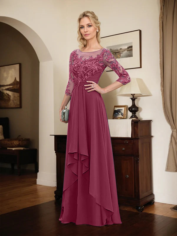 Robe mère de la mariée en ligne A avec col rond illusion, dentelle et chiffon longueur sol avec volants en cascade