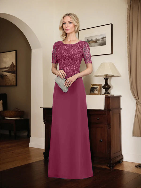 A-Linien Spitzen-Chiffon-Mutter-der-Braut-Kleid mit Rundhalsausschnitt, bodenlang und Pailletten