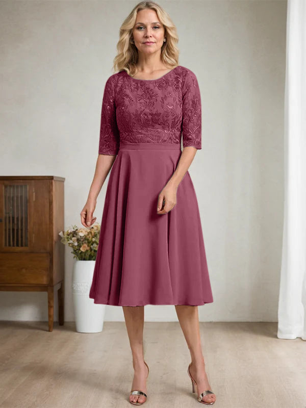 A-Linien Rundhalsausschnitt knielanges Spitzen-Chiffon Kleid für die Mutter der Braut