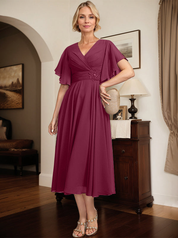 A-Linien Kleid mit V-Ausschnitt, tea-length Chiffon, Mutter der Braut mit plissierten Perlen