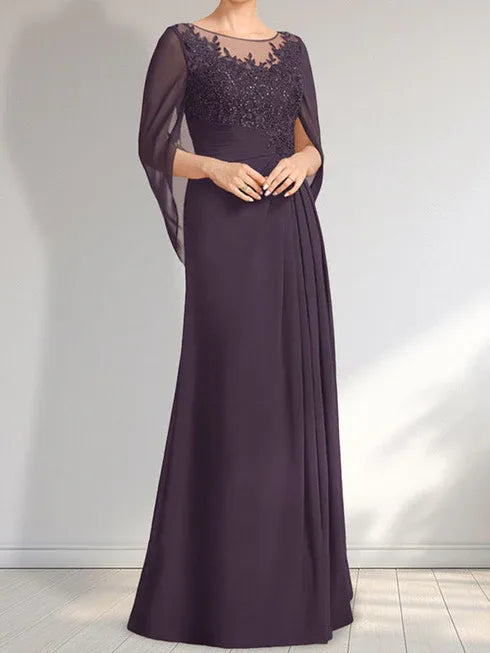 A-Linien Rundhals Illusions bodenlanges Spitzen-Chiffon Kleid für die Brautmutter mit plissierten Pailletten