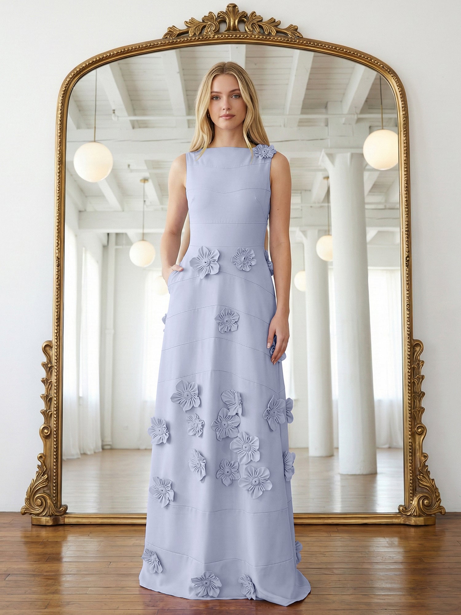 Lavendelfarbenes formelles Kleid mit U-Boot-Ausschnitt und herabfließenden 3D-Blumen