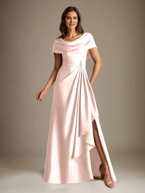 A-Linien-Kleid mit Rundhalsausschnitt, bodenlang, aus Stretch-Satin, Brautmutterkleid mit fallenden Rüschen