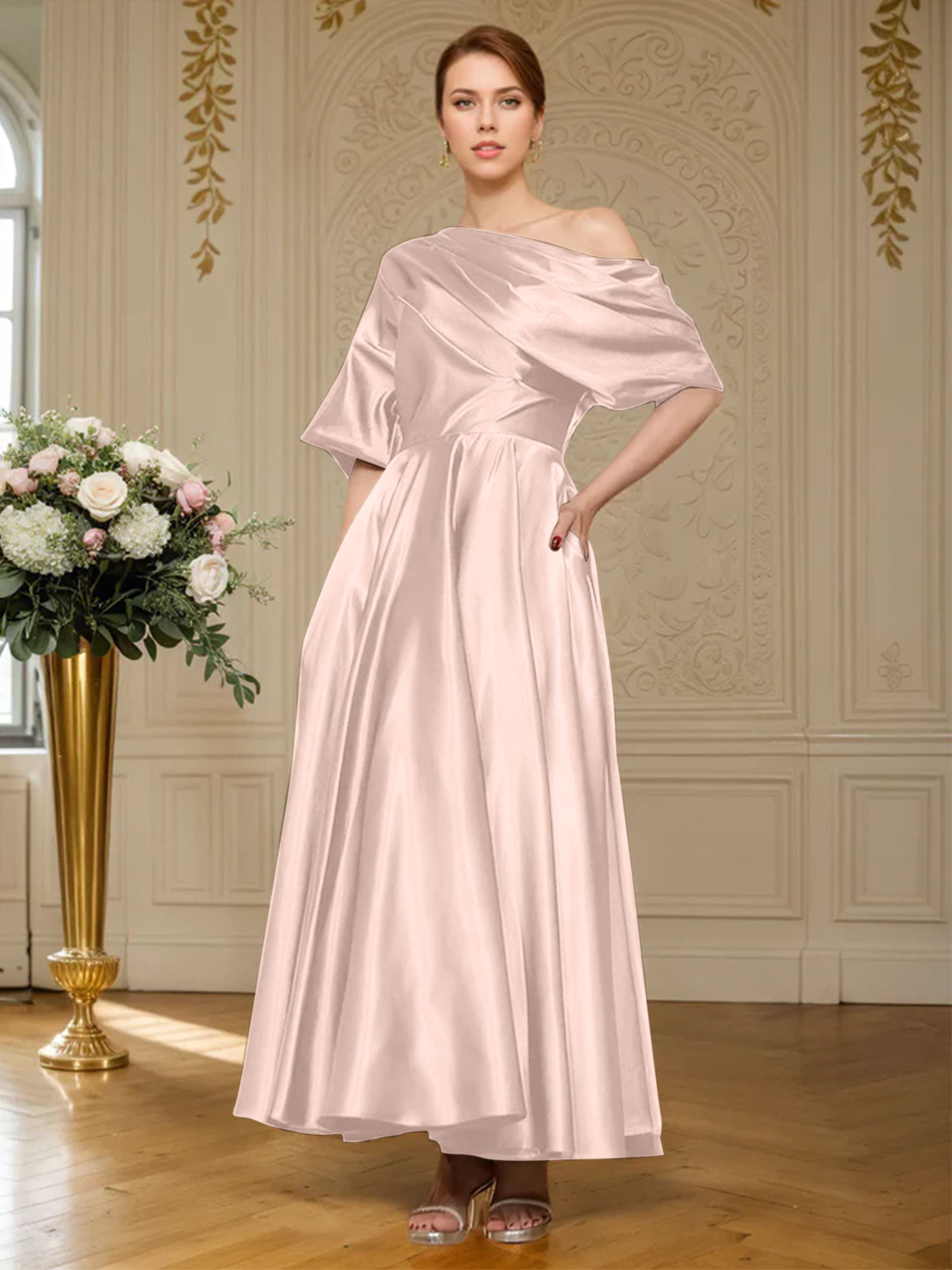 A-Linien Kurzarm plissiertes knöchellanges seidenähnliches Satin Kleid für die Brautmutter