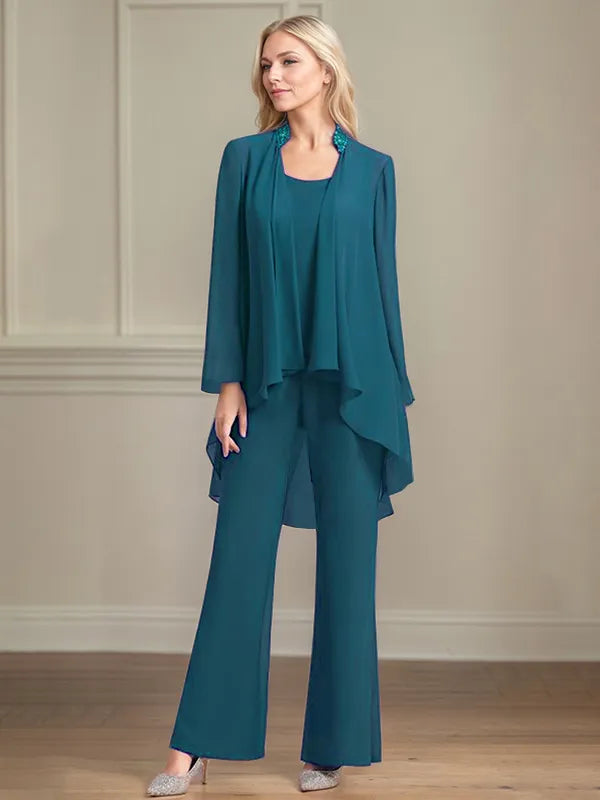 Chiffon Kleid mit Rundhalsausschnitt, langen Ärmeln, bodenlang, Hosenanzug für die Brautmutter