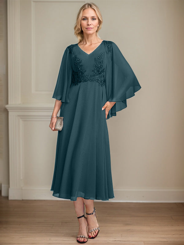 A-Linien-Brautmutterkleid aus Chiffon, V-Ausschnitt, tea-length mit Spitze, Pailletten und Perlen