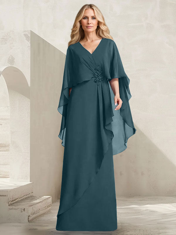Robe mère de la mariée longue en chiffon coupe trapèze à col en V avec volants en cascade et perles