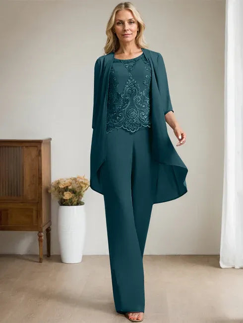 Zweiteiler Jumpsuit/Hosenanzug mit Rundhalsausschnitt, bodenlanges Chiffon-Spitzenkleid für die Mutter der Braut mit Perlen und Pailletten