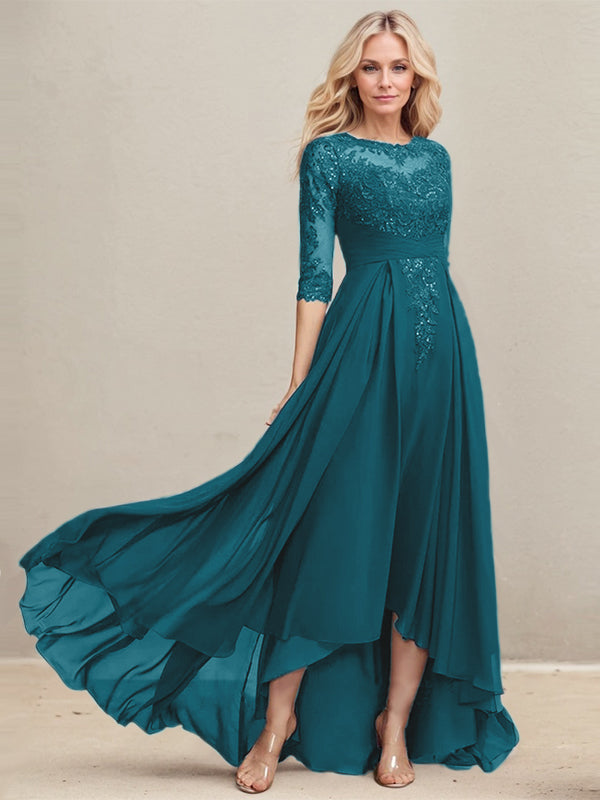 A-Linien Ausschnitt Illusions Asymmetrisches Spitzen-Chiffon Kleid für die Mutter der Braut mit plissierten Pailletten