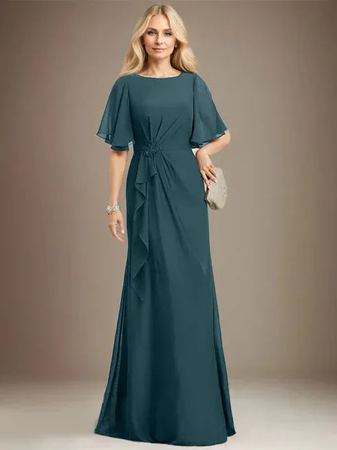 A-Linien Rundhals bodenlanges Chiffon Mutter der Braut Kleid mit kaskadierenden Rüschen Perlen Pailletten