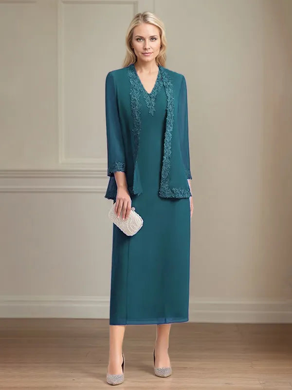 Etui/Column Chiffon V-Ausschnitt 3/4 Ärmel Tea-Length Kleid für die Mutter der Braut