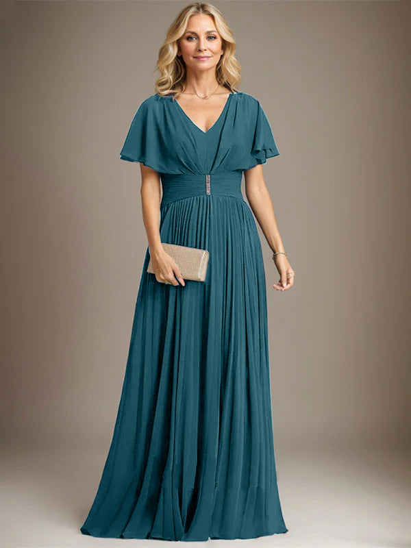 A-Linien V-Ausschnitt Bodenlanges Chiffon Brautmutterkleid mit Kristallbrosche und Plisseefalten