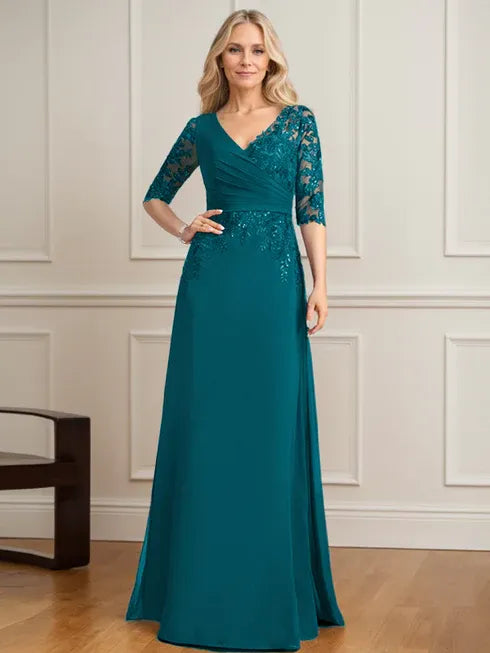 A-Linien V-Ausschnitt bodenlanges Spitzen-Chiffon Kleid der Brautmutter mit plissierten Pailletten