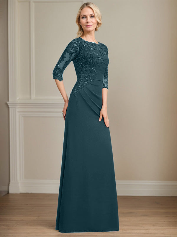 A-Linie Rundhals bodenlanges Chiffon Spitzen Brautmutterkleid mit Perlen Falten Pailletten