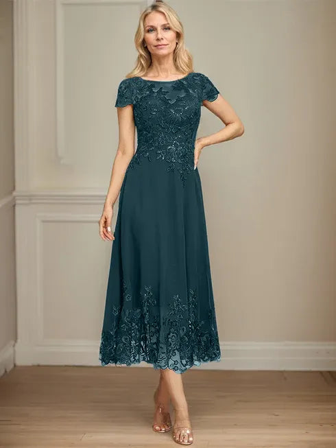 A-Linien Illusions Rundhals tea-langes Spitzenchiffon Mutter der Braut Kleid mit Pailletten