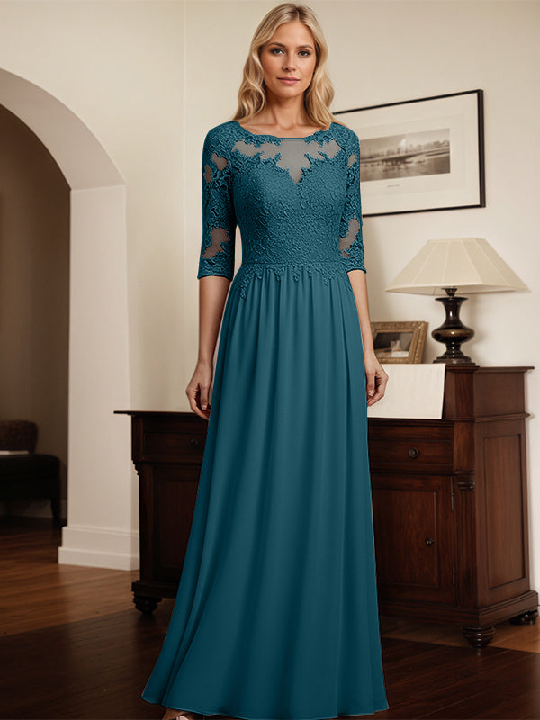 Vestidos de mãe da noiva evasê de chiffon com decote redondo, mangas 1/2 e aplicações de renda