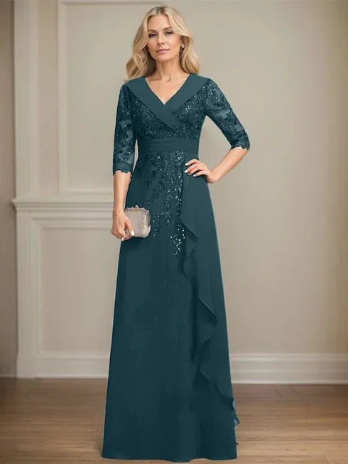 A-Linien Kleid mit Kragen, V-Ausschnitt, bodenlang, aus Spitze und Chiffon, Mutter der Braut Kleid mit Pailletten und fallenden Rüschen