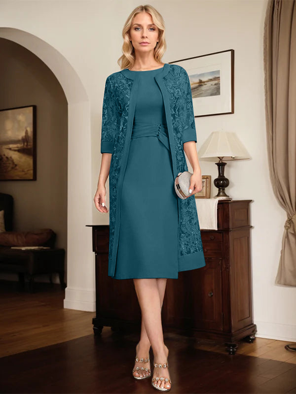 Etui-/Säulen-Kleid mit Rundhalsausschnitt, knielang, Chiffon, Mutter-der-Braut-Kleid mit plissierten Pailletten