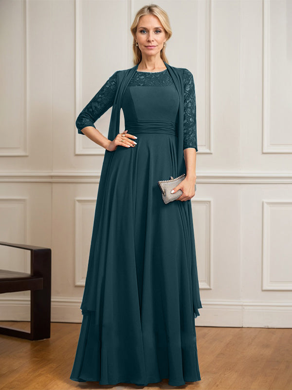 A-Linien Kleid mit Rundhalsausschnitt, Illusion, bodenlang aus Spitze und Chiffon, Mutter-der-Braut-Kleid mit Faltenwurf