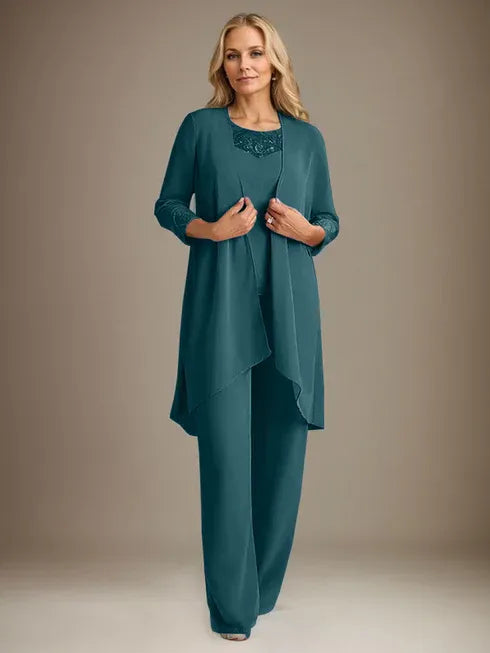 Chiffon Kleid mit Rundhalsausschnitt und langen Ärmeln, Mutter-der-Braut Hosenanzug mit Jacke