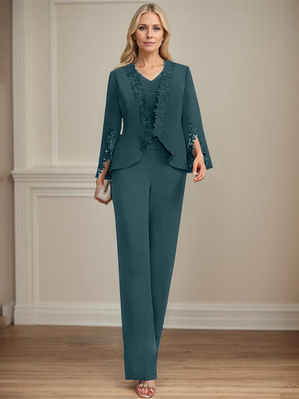 Zweiteiler Jumpsuit/Hosenanzug V-Ausschnitt bodenlanges Chiffon Mutter der Braut Kleid