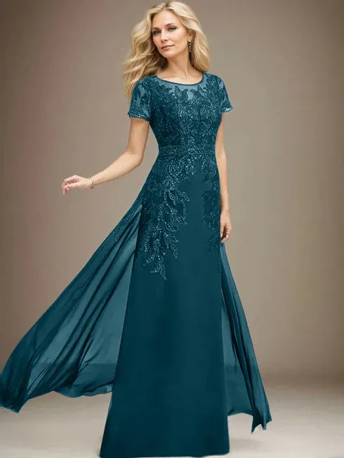 Etui/Säulen Rundhals Illusionsbodenlanges Spitzen-Chiffonkleid für die Brautmutter mit Pailletten