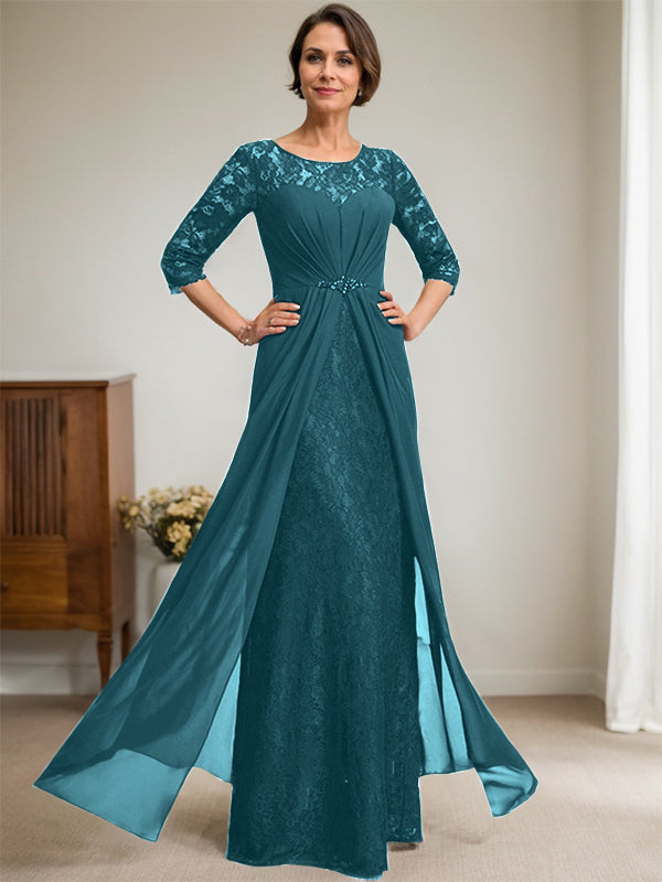 A-Linien Rundhalsausschnitt Illusions-Bodenlanges Spitzen-Chiffonkleid für die Brautmutter mit Perlen und Volants