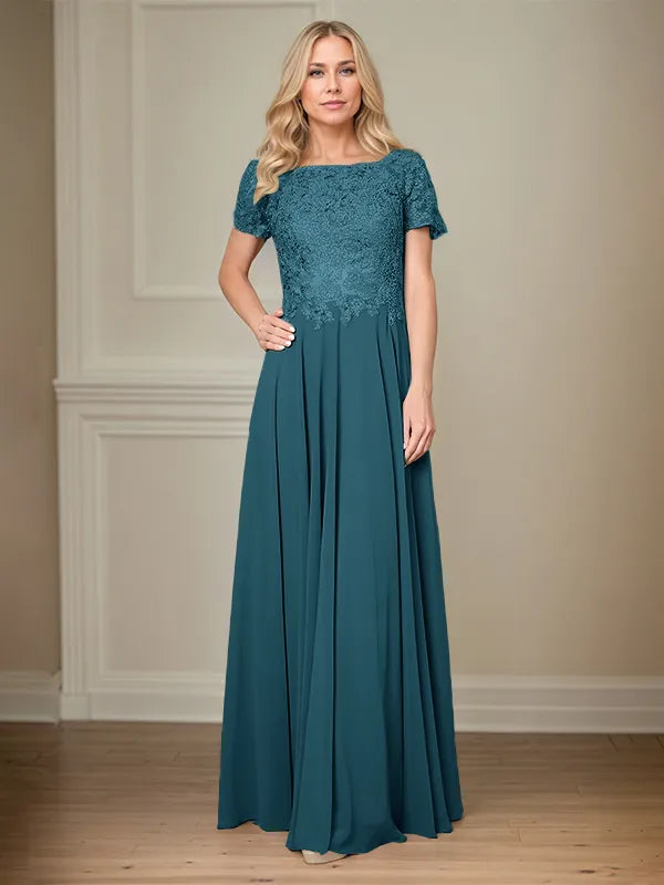 A Line Chiffon Boat Neck Short Sleeves Floor Length Pleated Mother of the Bride Dresses