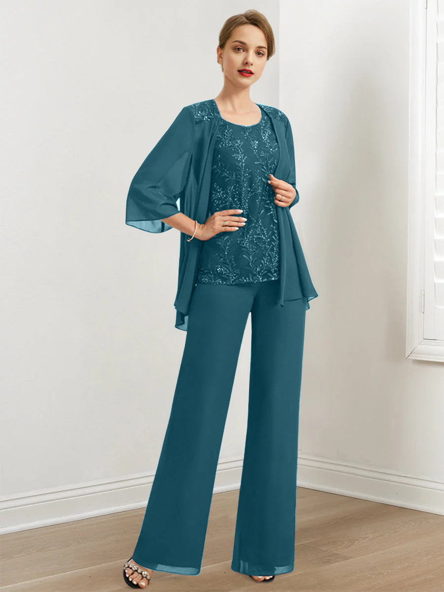 Chiffon Hosenanzüge für die Brautmutter mit Pailletten und Jacke